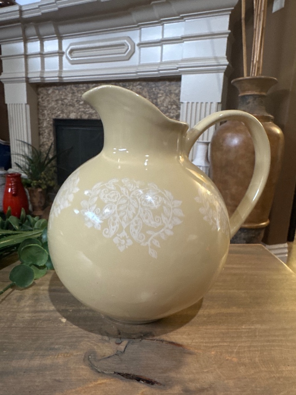 Vtg 7"H Ceramic Pottery Pitcher Glazed Sage Green Decorative W/ Curved Handle